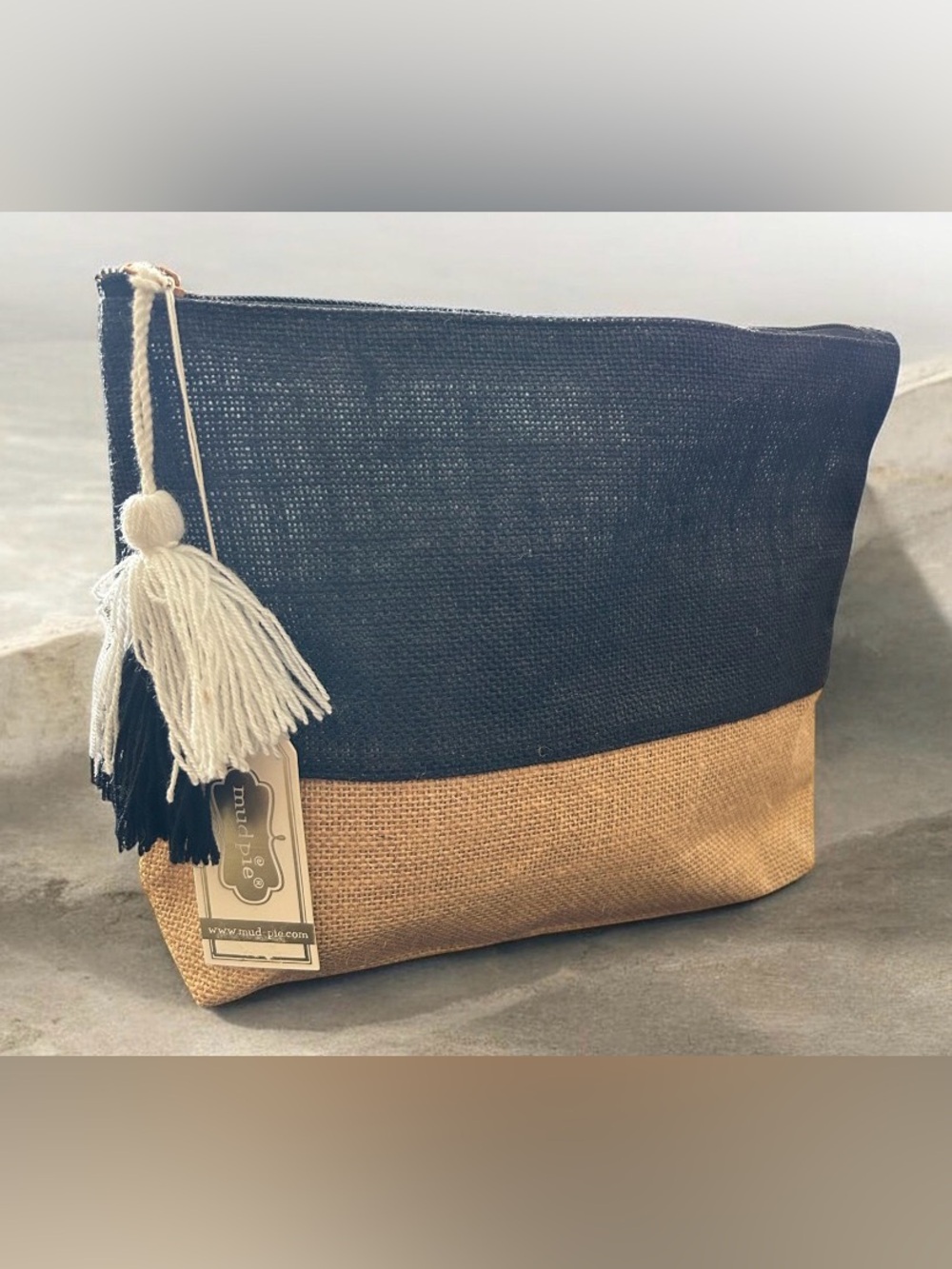 Mud Pie Color Block Jute Carry-All Case in black and tan with tassel